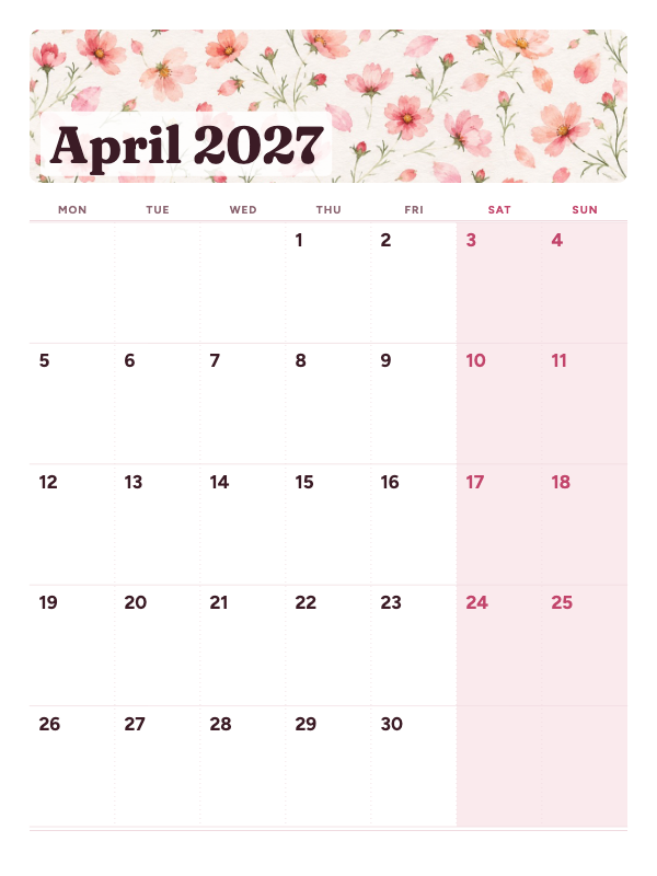 Blush Gallery April 2027 printable calendar preview