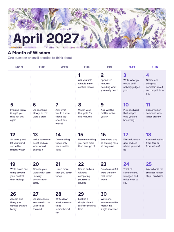 Thoughts to Keep April 2027 printable calendar preview