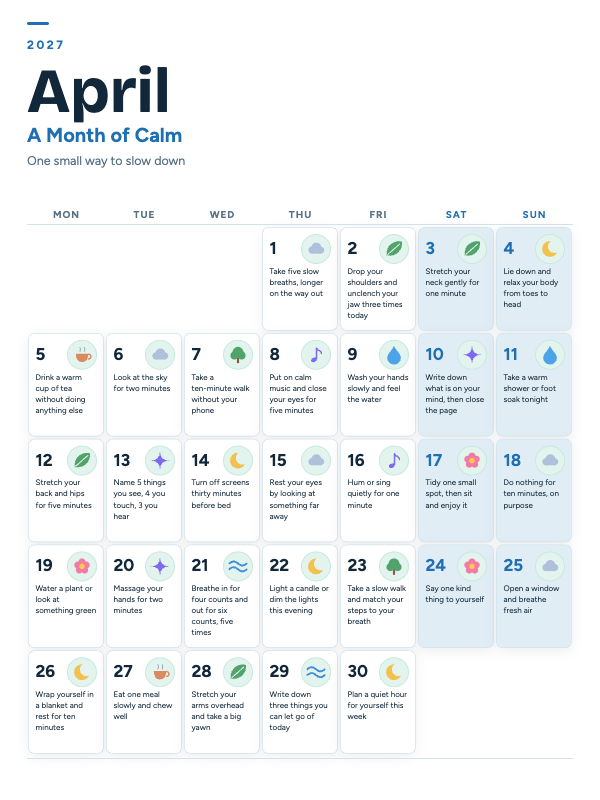 Calm Moments April 2027 printable calendar preview