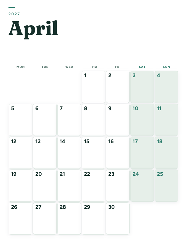 Sage Grid April 2027 printable calendar preview