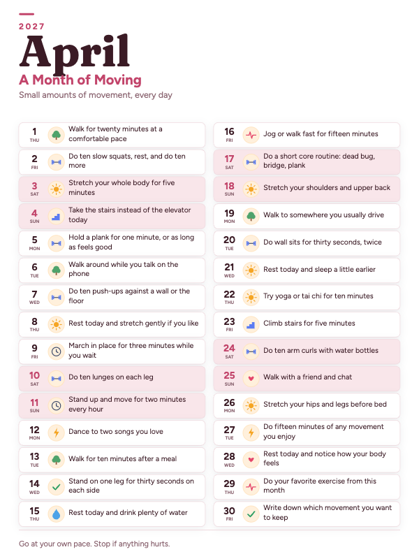 Movement Notes April 2027 printable calendar preview