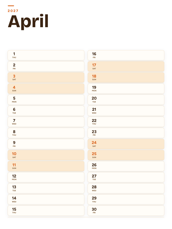 Sunrise List April 2027 printable calendar preview