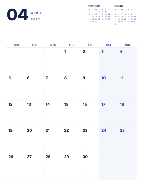 Quiet Planner April 2027 printable calendar preview