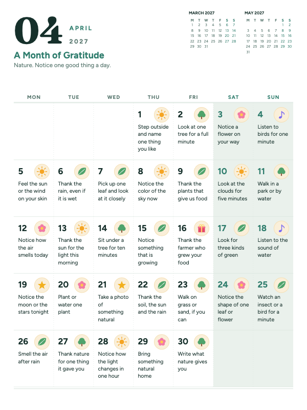 Gentle Gratitude April 2027 printable calendar preview