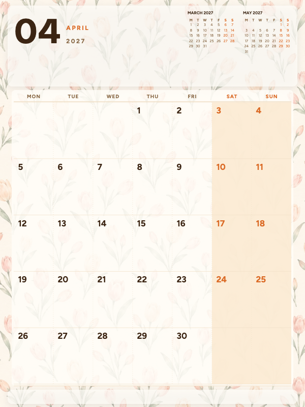 Tulip Watercolor April 2027 printable calendar preview