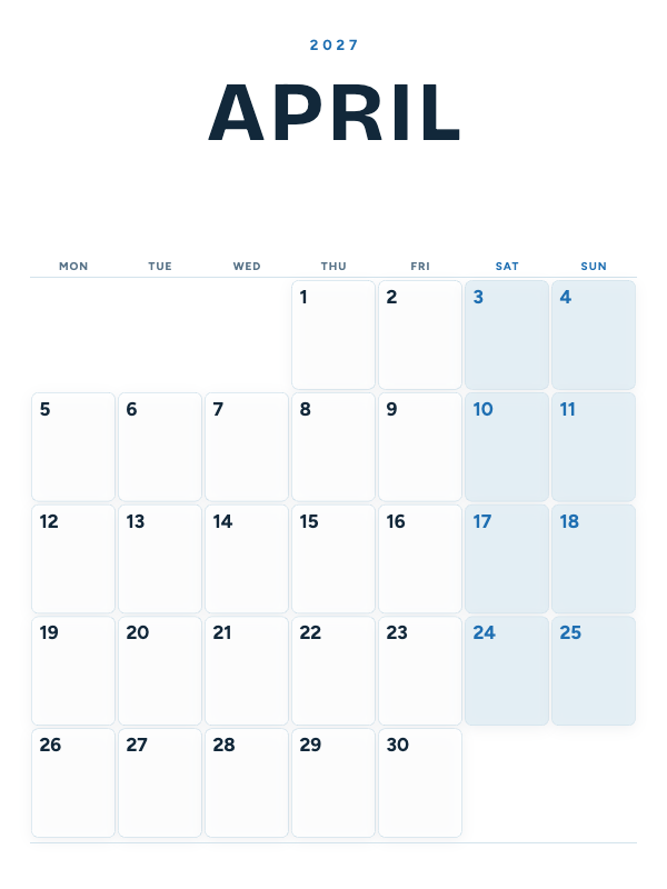 Ocean Poster April 2027 printable calendar preview