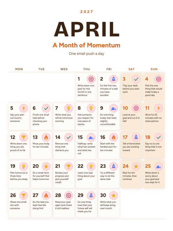 Daily Motivation April 2027 printable calendar preview