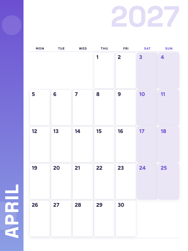 Lavender Side April 2027 printable calendar preview