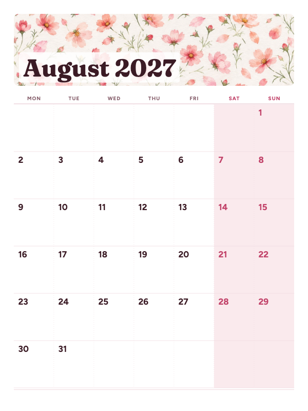 Blush Gallery August 2027 printable calendar preview