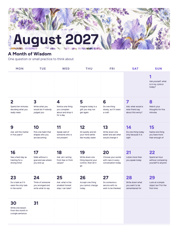 Thoughts to Keep August 2027 printable calendar preview