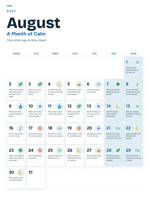 Calm Moments August 2027 printable calendar preview