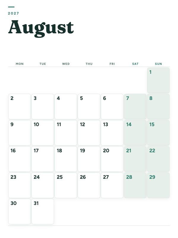 Sage Grid August 2027 printable calendar preview
