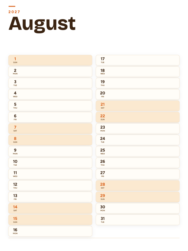 Sunrise List August 2027 printable calendar preview