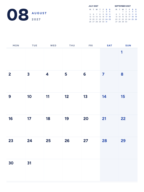 Quiet Planner August 2027 printable calendar preview