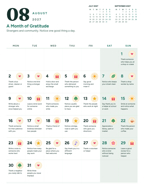 Gentle Gratitude August 2027 printable calendar preview