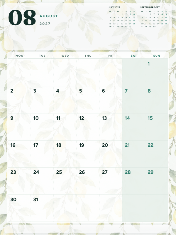 Lemon Watercolor August 2027 printable calendar preview