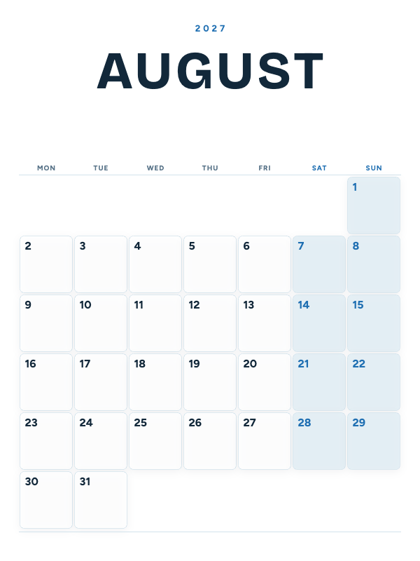 Ocean Poster August 2027 printable calendar preview