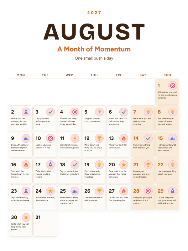 Daily Motivation August 2027 printable calendar preview