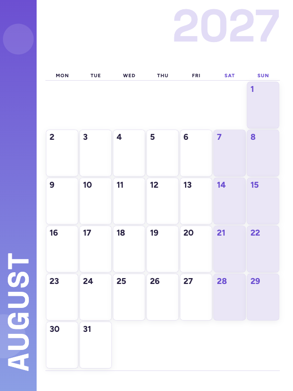 Lavender Side August 2027 printable calendar preview