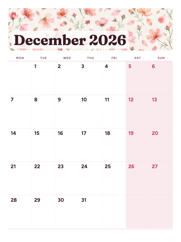 Blush Gallery December 2026 printable calendar preview