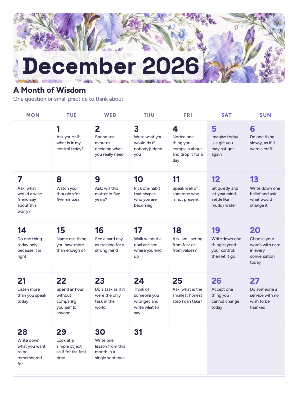 Thoughts to Keep December 2026 printable calendar preview