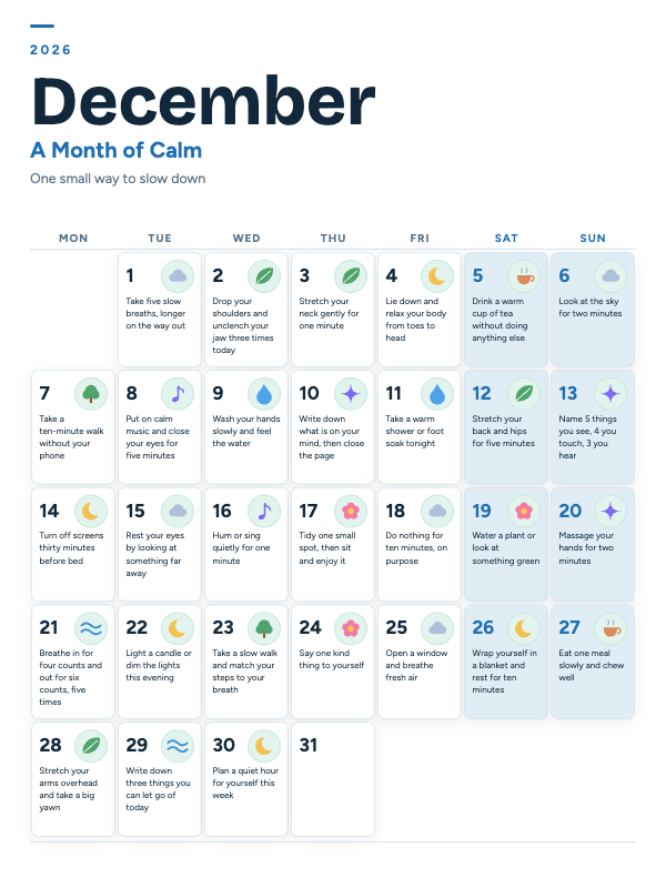 Calm Moments December 2026 printable calendar preview