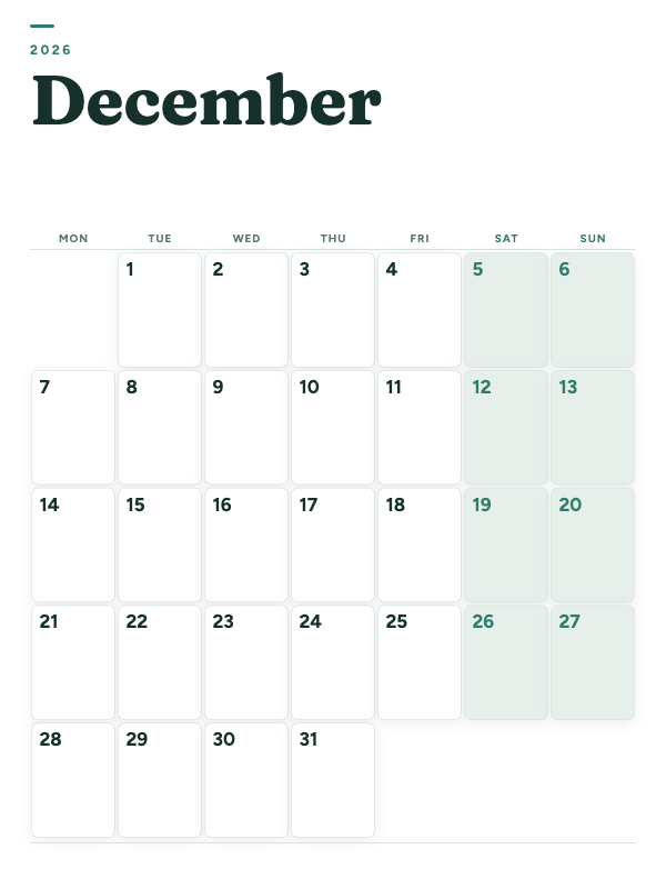 Sage Grid December 2026 printable calendar preview