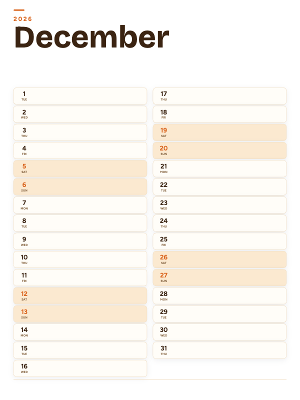 Sunrise List December 2026 printable calendar preview