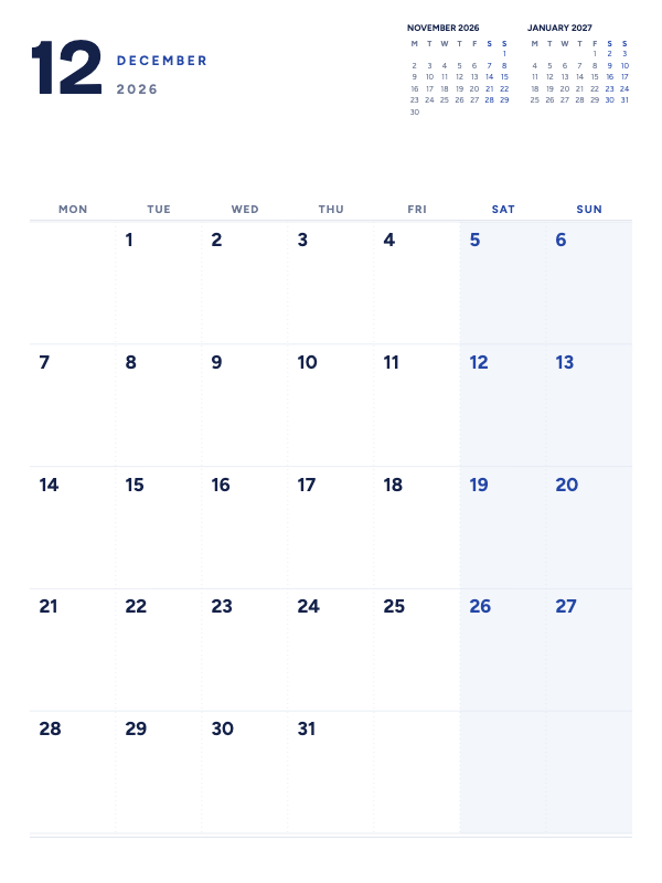 Quiet Planner December 2026 printable calendar preview