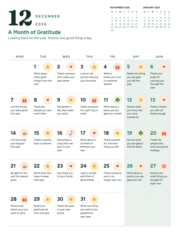 Gentle Gratitude December 2026 printable calendar preview