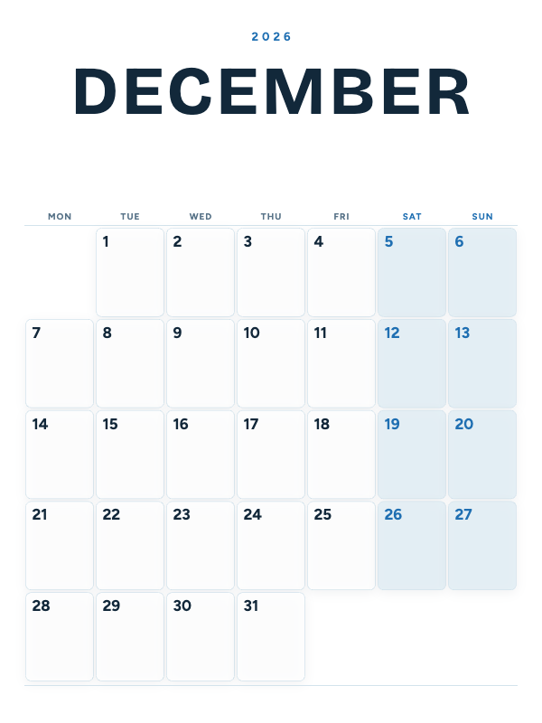 Ocean Poster December 2026 printable calendar preview