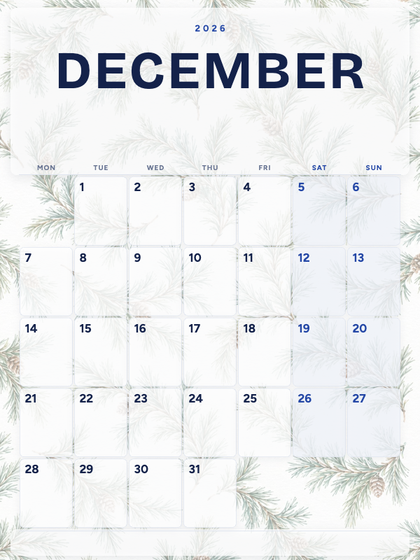 Winter Pine December 2026 printable calendar preview