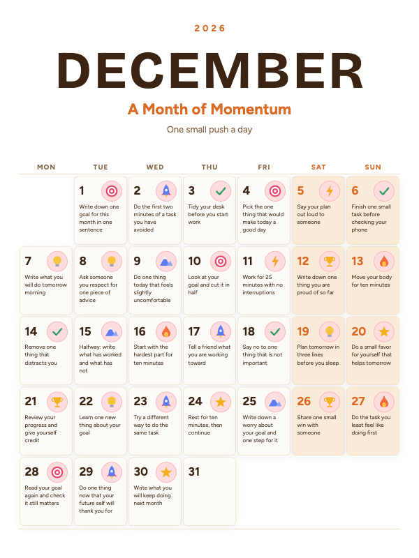 Daily Motivation December 2026 printable calendar preview