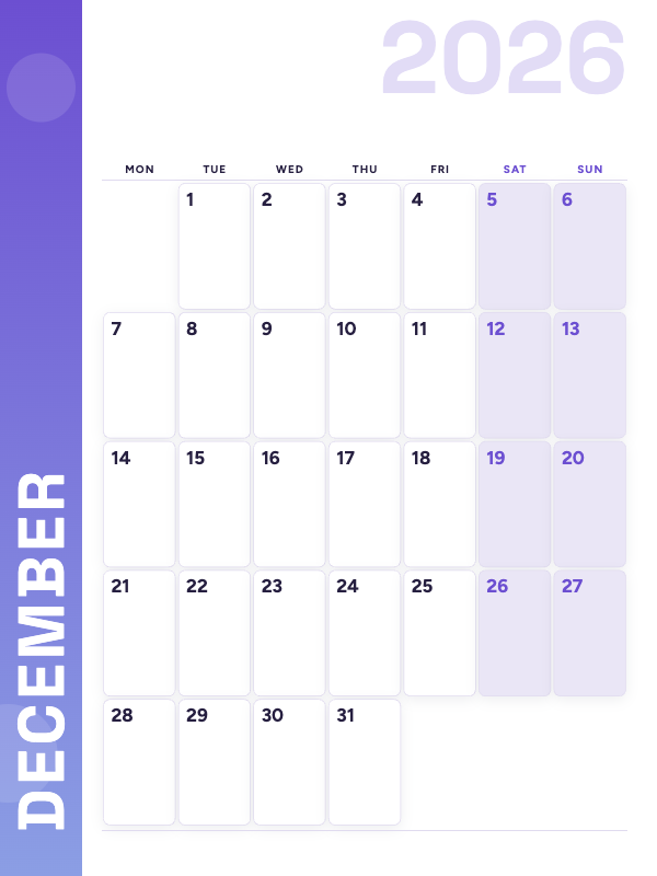Lavender Side December 2026 printable calendar preview
