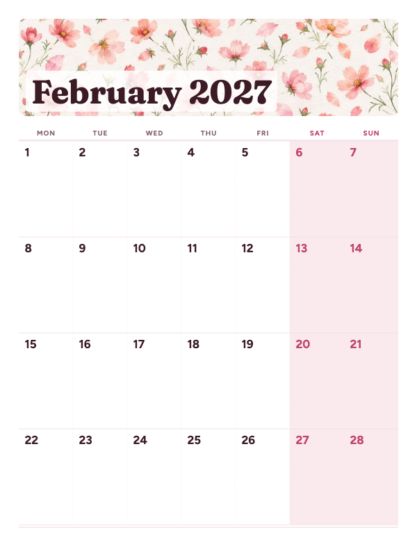 Blush Gallery February 2027 printable calendar preview