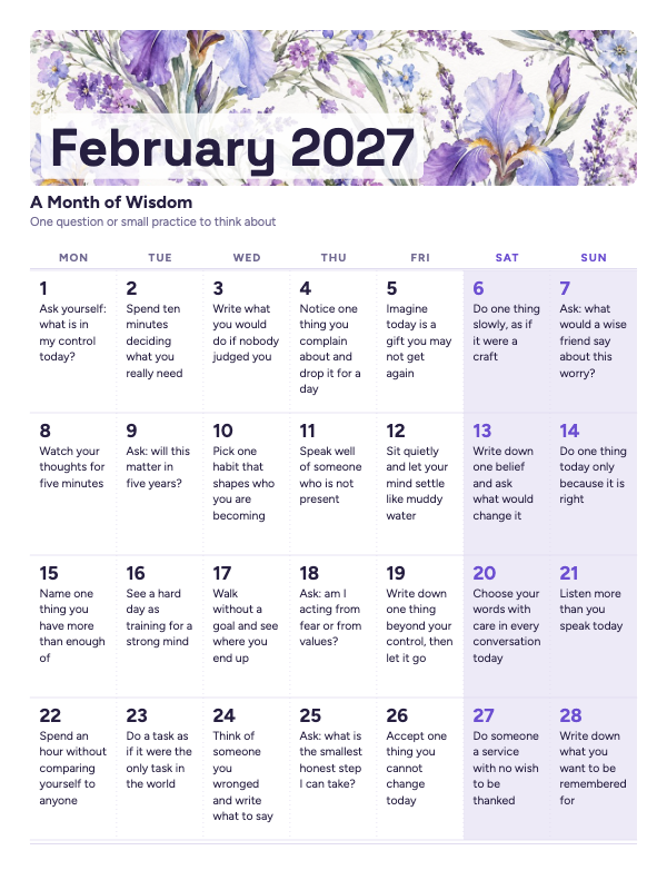 Thoughts to Keep February 2027 printable calendar preview
