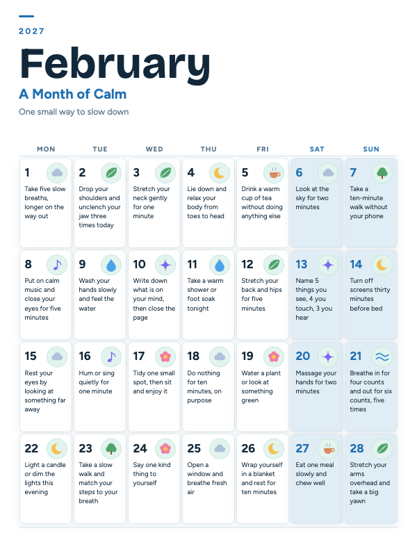 Calm Moments February 2027 printable calendar preview