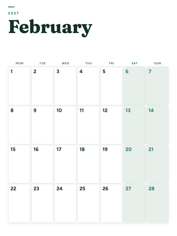 Sage Grid February 2027 printable calendar preview