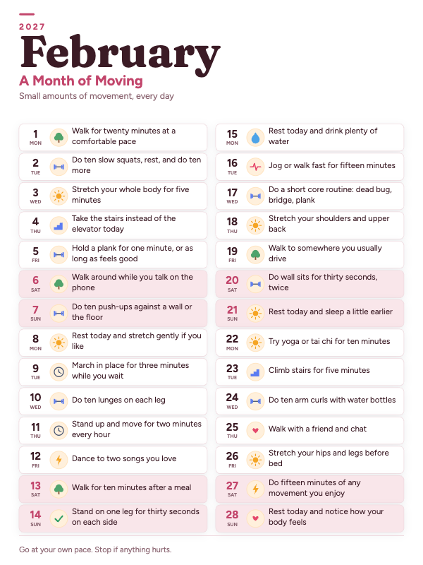 Movement Notes February 2027 printable calendar preview