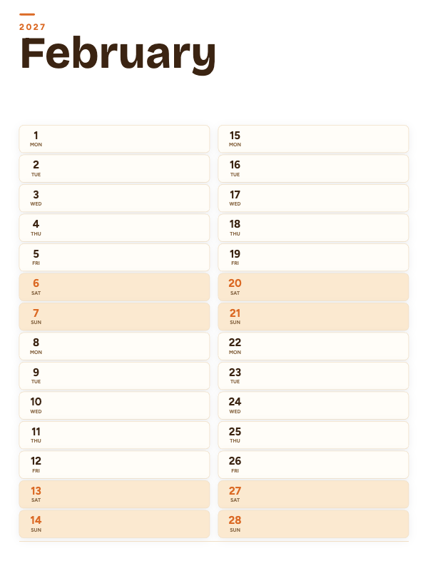 Sunrise List February 2027 printable calendar preview