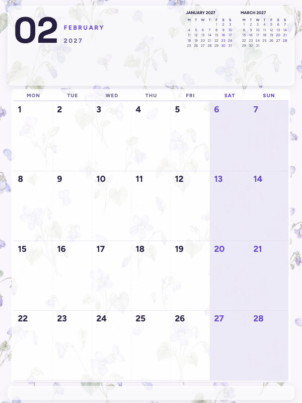 Violet Watercolor February 2027 printable calendar preview