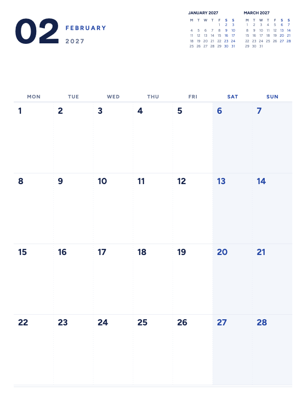 Quiet Planner February 2027 printable calendar preview