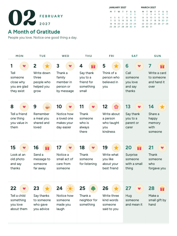 Gentle Gratitude February 2027 printable calendar preview