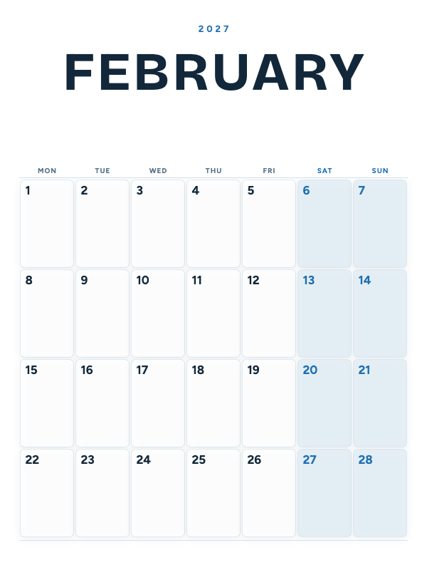 Ocean Poster February 2027 printable calendar preview