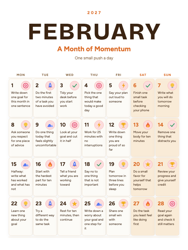 Daily Motivation February 2027 printable calendar preview