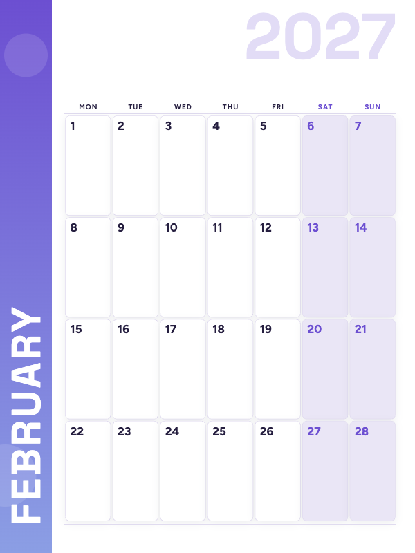 Lavender Side February 2027 printable calendar preview