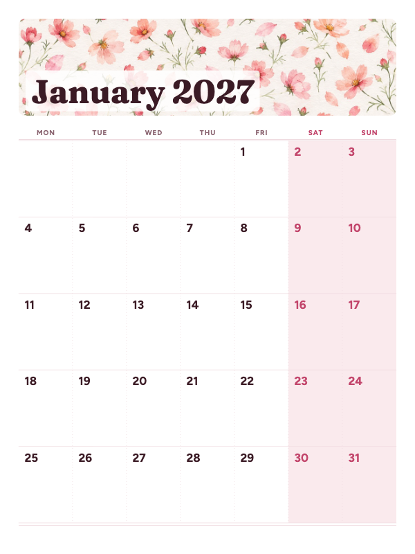 Blush Gallery January 2027 printable calendar preview