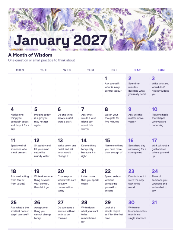 Thoughts to Keep January 2027 printable calendar preview