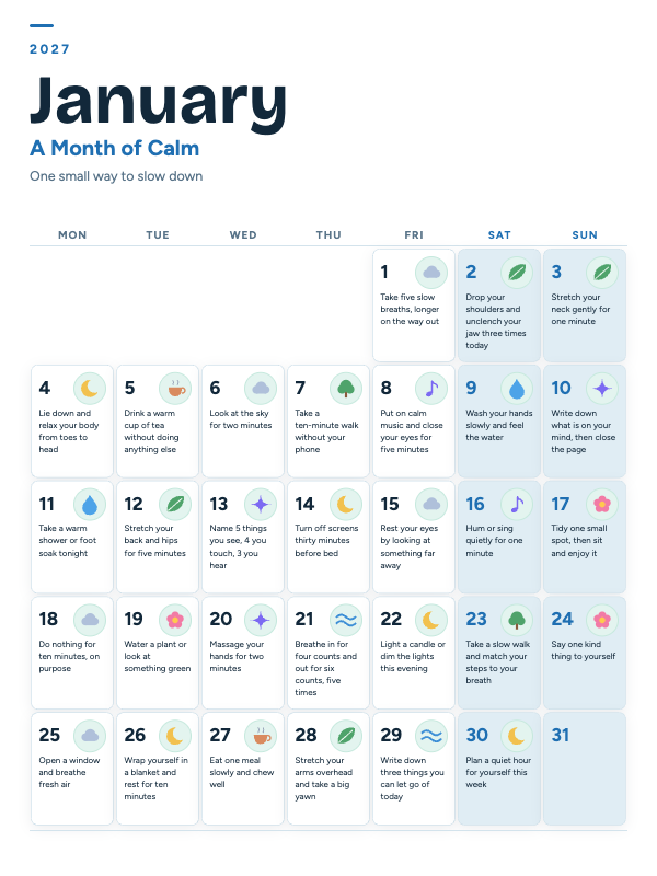 Calm Moments January 2027 printable calendar preview