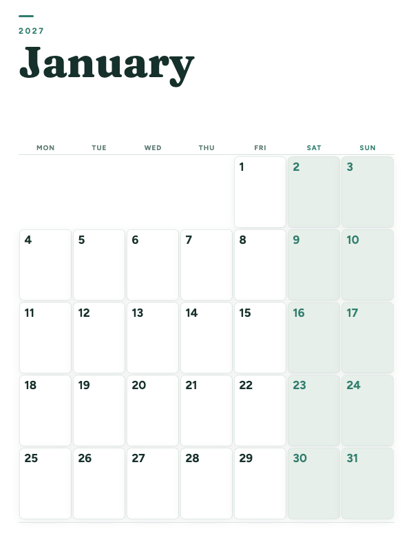 Sage Grid January 2027 printable calendar preview